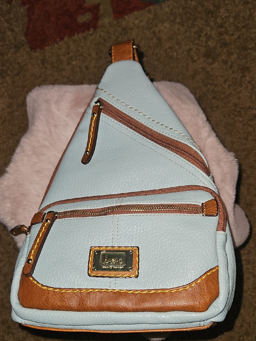 B o c Light Blue and Tan Women's Crossbody Sling Bag - Designer Plaque Accent